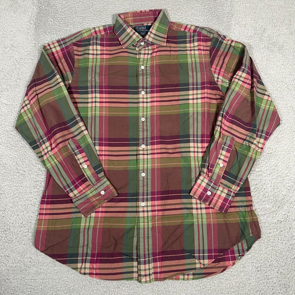 Polo Ralph Lauren Shirt Mens Large Green‎ Purple Plaid Regent Button Up Casual